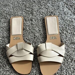 Zara | Cream Crossed Offed Flat Sandals | Size 41